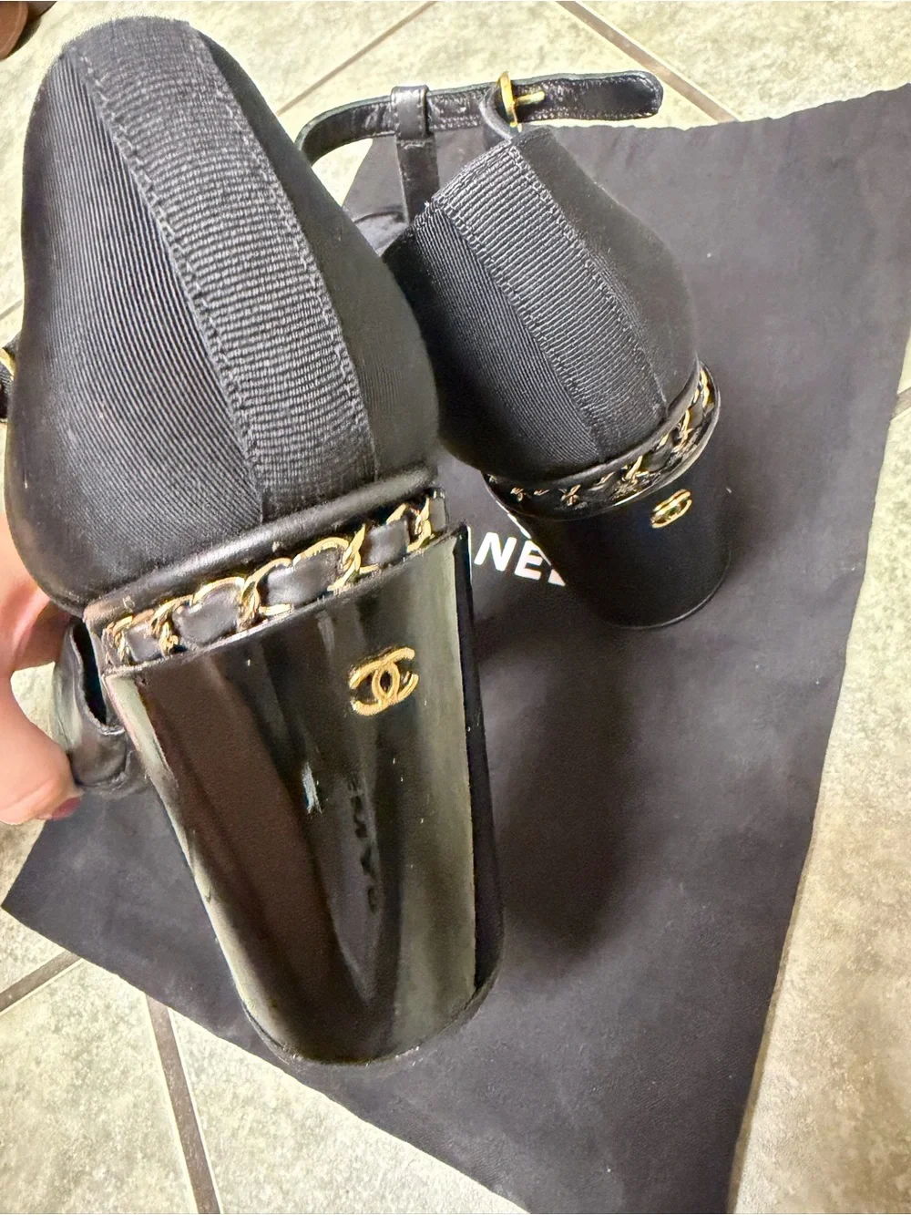 CHANEL Black Leather and Patent T-Strap Peep-Toe Heels